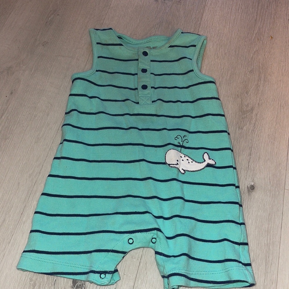 Little Me Whale Strip Overall: Size 24 months